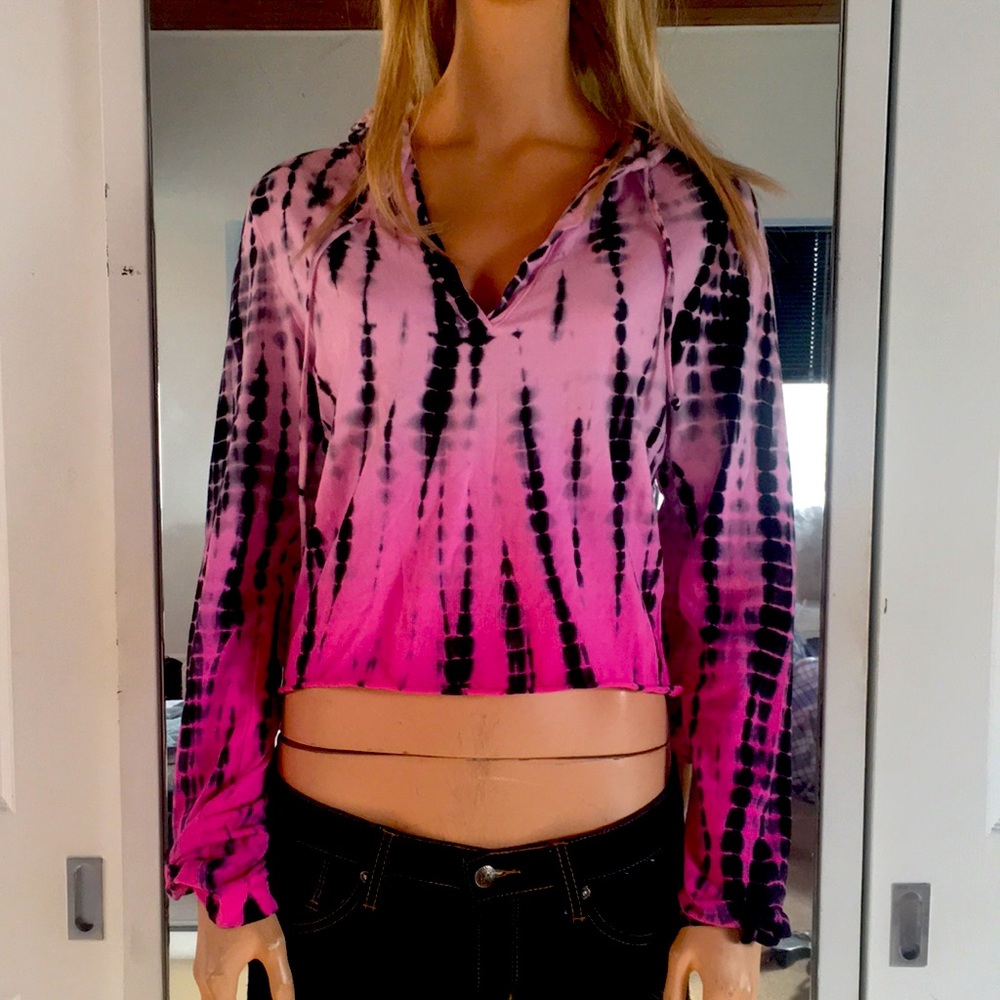 Adorable Cropped Pink Gray &Black Tie Dye Hoodie
